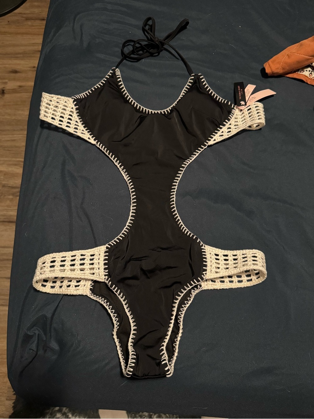 Victoria's Secret Black One-Piece Swimsuit with White Crochet Trim - Picture 4 of 9
